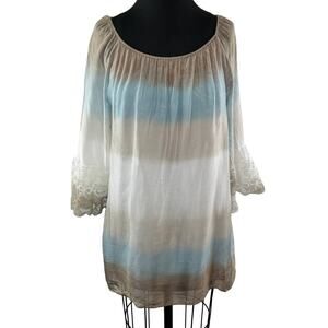 NWT Lola Blue Brown White Silk Lace Cuff Bell Sleeve Off Shoulder Top S ITALY